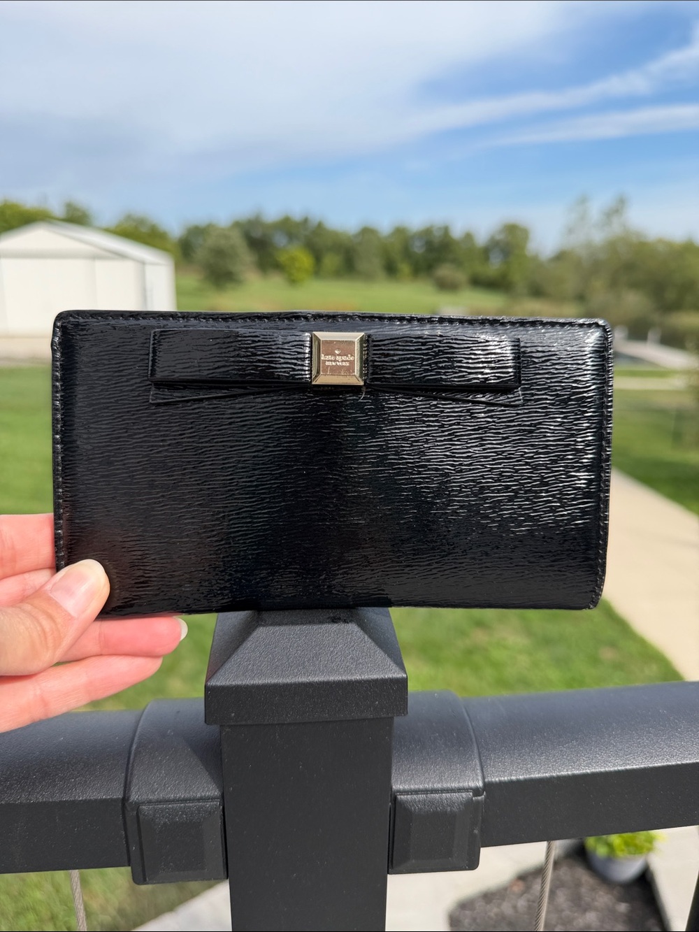kate spade Black Patent Leather Bow wallet with Gold Accent